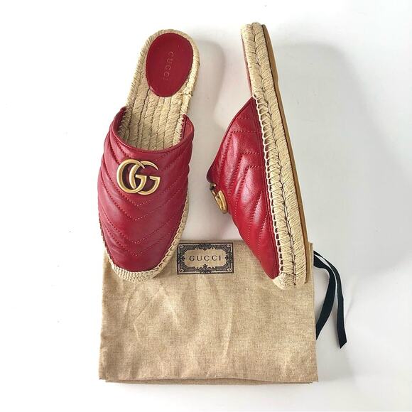 Gucci Marmont GG Hibiscus Red Leather Slip On Mules Espadrille Flats 37 - Picture 2 of 11